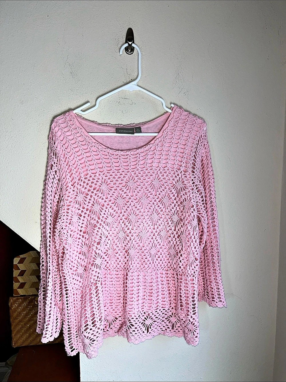 Croft & Barrow Pink Crochet Overlay Knit Layered Sweater Size XL
